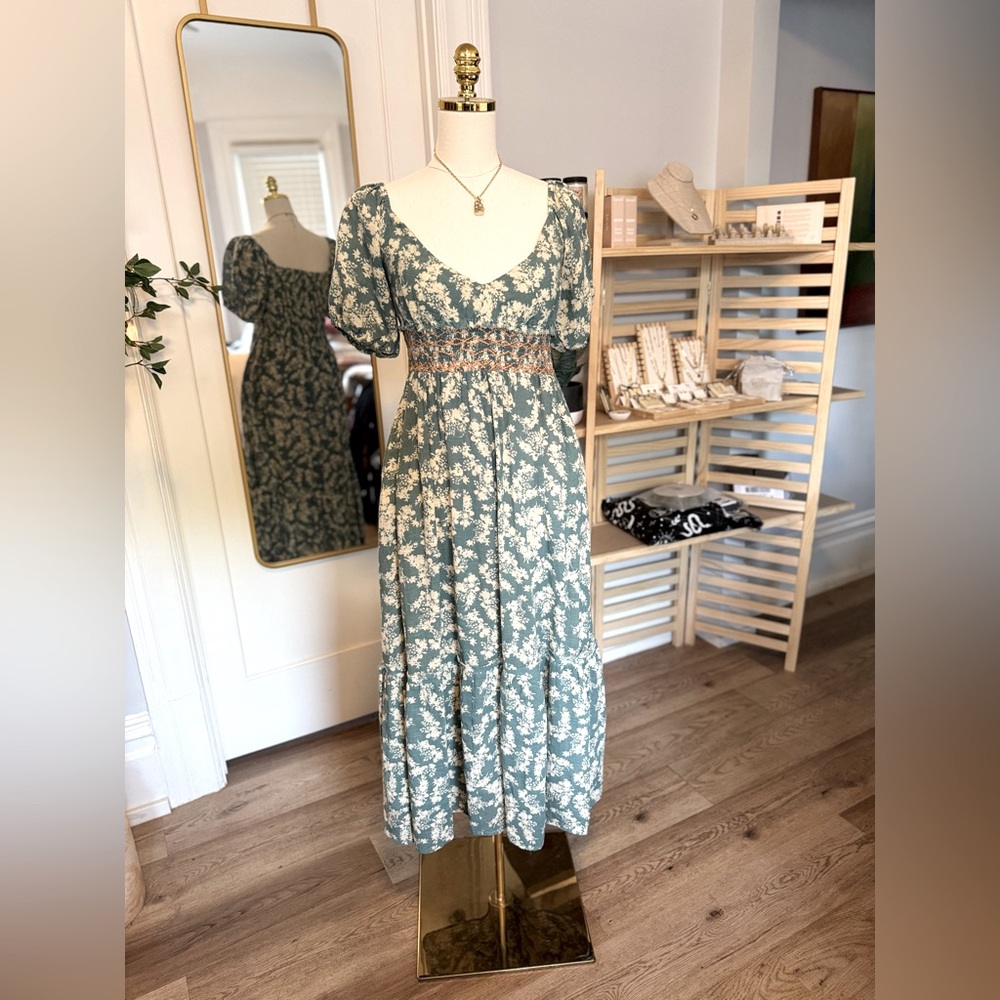 Free People Teal Floral Midi Dress in Excellent Condition